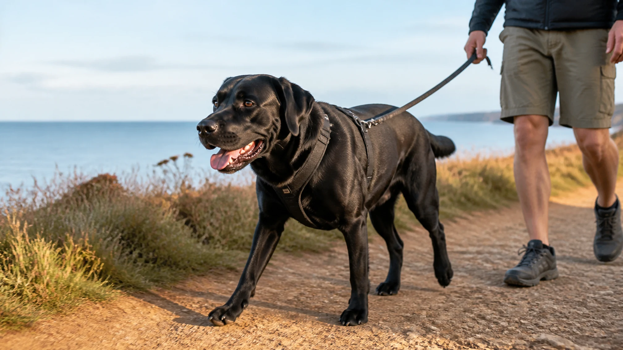 Labrador en promenade avec un harnais confortable